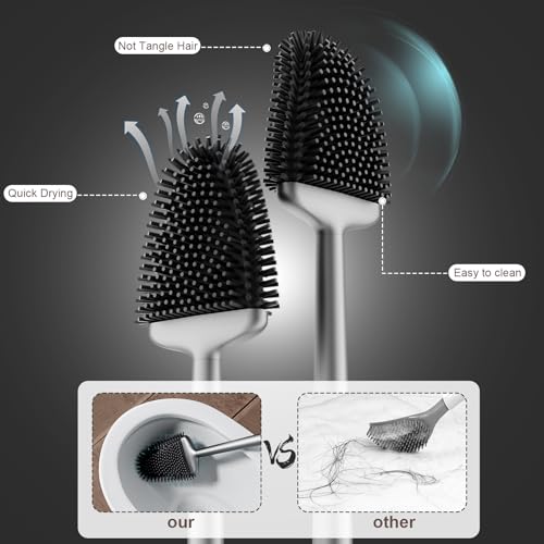 Sellemer Silicone Toilet Brush, Ventilation Slots Base Holder 1 Pack Silver - color: Silver-1pcs