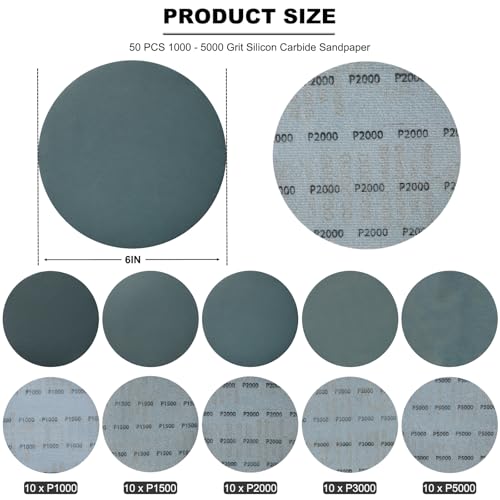50 PCS 6 Inch Silicon Carbide Wet Dry Hook and Loop Sanding Discs - 1200, 1500, 2000, 3000, 5000 Assorted Grit Waterproof Sandpaper for Automotive Wood Metal Polishing & Sanding (Fine Grit) - style: Fine Grit