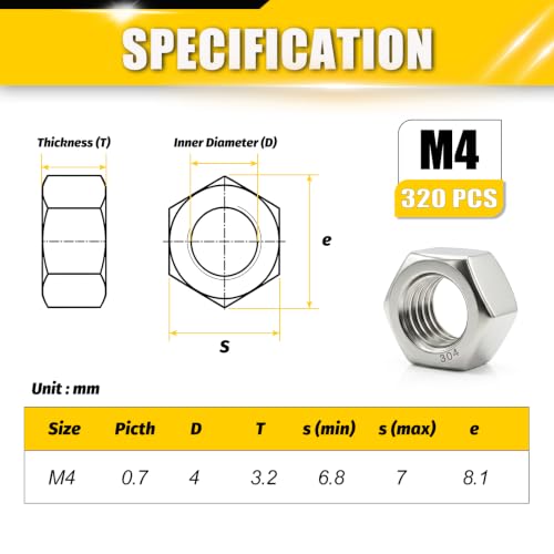 M4 Hex Nuts 320Pcs 304 Stainless Steel A2-70 Rustproof Metric - size: Metric M4;320pcs