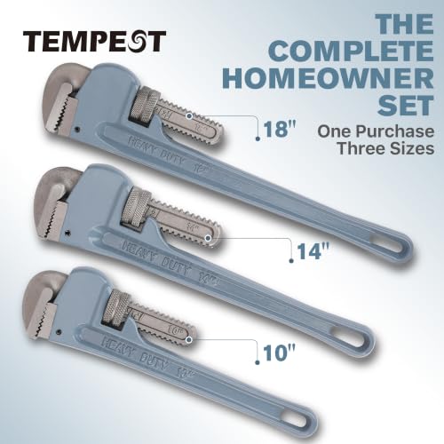 Tempest 3 Piece Pipe Wrench Set - 10", 14", 18" Professional Plumbing Tool Kit with Carbon Steel Jaw & Ductile Cast Iron Handle, Anti-Slip Teeth for Industrial, Automotive, and Home Repair