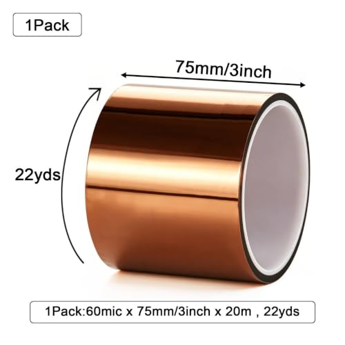 BOMEI PACK Polyimide Tape, 3in x 66ft Heat Resistant Tape for Soldering - size: 3inch x 20m/66ft