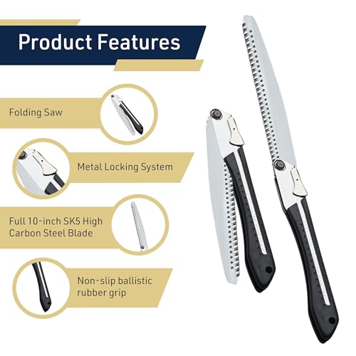 Folding Hand Saw for Wood Cutting, Camping, or Landscaping - 10” Japanese Folding Pruning Saw Tree Trimmer Branch Cutter with Razor Teeth and SK5 Steel Blade for Gardening by Kings County Tools