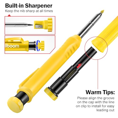 Hiboom 2 Pack Mechanical Deep Hole Carpenter Pencil, 14 Refills - color: Black, Yellow