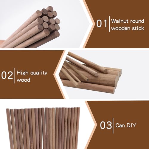 10 PCS Wooden Dowel Rods for Crafts Round Unfinished Walnut Dowel Rod Sticks Hardwood Sticks for DIY Crafting Woodworking and Building Model Material, (3/8 x 12 Inch)
