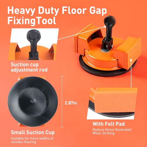 Floor Gap Fixer Tool, Heavy-Duty Plank Grabber for Laminate, LVP & Vinyl | Iron body with felt strike pads, locking suction cup and six washable adhesive pads
