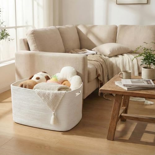 JMvicyroam 65L Large Woven Cotton Rope Blanket Basket, White - color: White, size: 65L