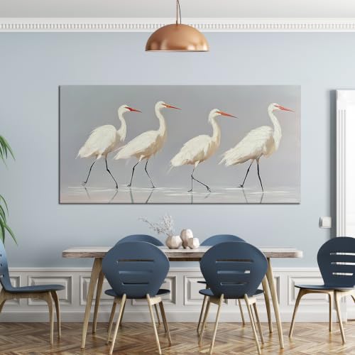 SSNEEKNDG White Heron Wall Art Bird Painting Animal Texture Artwork 29"x58" - size: 29"L x 58"W
