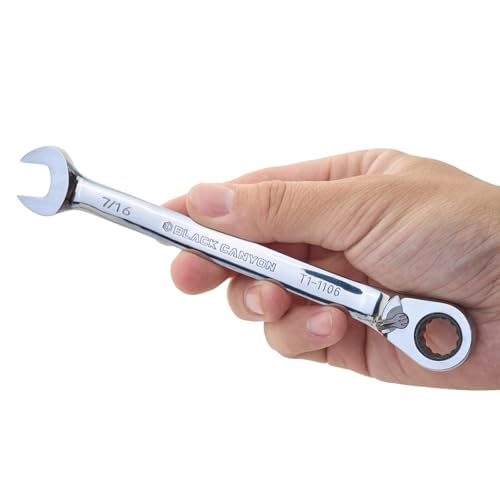BLACK CANYON 7/16 Inch Ratchet Combination Wrench, 12-Point Box End & Hex Opening, Polished Steel Ratcheting Wrench with SAE & Metric Sizes - size: 7/16 Inch, style: Inch