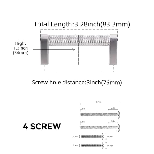 10 Pack 3 Inch(76mm) Brushed Satin Nickel Kitchen Cabinet Handles Knurled Cabinet Pulls Silver Drawer Pulls Cabinet Hardware - color: Brushed Satin Nickel, size: 3'' Hole Center(76mm)