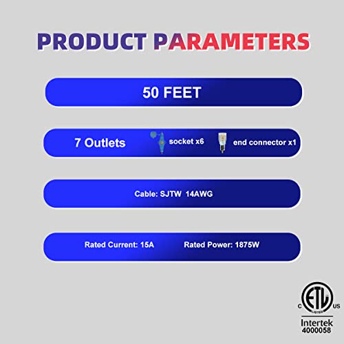 50 Feet Multi Outlet Extension Cord 14 Gauge 7 Nema 5-15R Outlets - size: 14 Gauge 50FT 7 Outlets