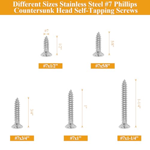 165 Pieces #7 x 1/2" 5/8" 3/4" 1" 1-1/4" Wood Screws Set, Phillips Countersunk Head #7 Self-Tapping Screws Assortment Kit, 304 Stainless Steel - size: #7, style: Phillips Countersunk Head