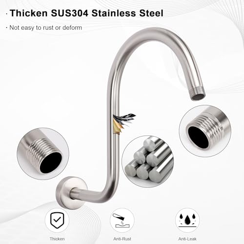 S Shaped Shower Arm, High Rise Shower Head Extension Pipe Standard 1/2" Connection with Flange, Awesome Shower Experience-Stainless Steel Bathroom Accessory(13 Inch 2-S Shape, Brushed Nickel) - color: Brushed Nickel, style: 13" 2 Shape