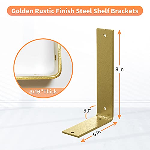 Gold Heavy Duty Shelf Brackets 8 Inch, Extra Thick L Shelving Brackets, Rustic Gold Iron Floating Shelves Wall Mounted with Hardware for DIY Open Shelving, 4 Pack - color: Gold, size: 8 Inch