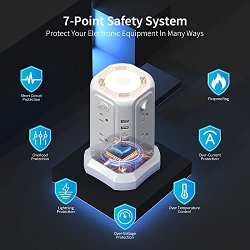 Surge Protector Power Strip Tower with 5 USB Ports and Night Light - color: White-5 USB A