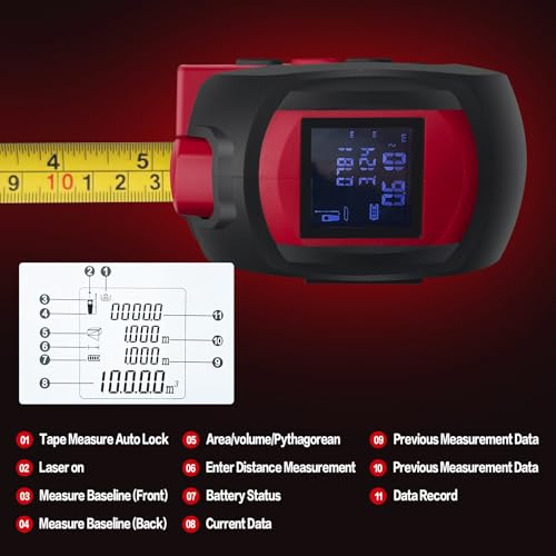 Laser Tape Measure 3 in 1 with Laser Level Crosshairs |196ft/60m LCD - color: Red