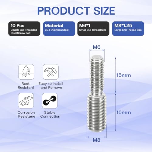 M6x15mm to M8x15mm Double End Threaded Stud Screw Reducing Bolt,304 Stainless Steel Thread Reducer Adapter for Furniture Fastener Welding, Hardware Connectors 10 Pack - size: M6x15mm to M8x15mm