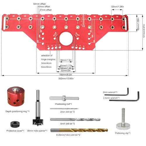 2 in 1 Shelf Pin Hinge Jig,Concealed Hinge Jig Drilling Jig with 35mm Hole Drill Bits,Self Contained Clamping All Metal Cabinet Hardware Tool Drill for Cabinet Door Hinge Hole Positioning (RED) - color: RED