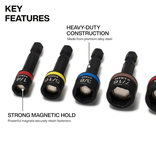 Klein Tools 32925S Nut Setter Set, Magnetic Impact Driver Set, 2-Inch Power Nut Drivers, Color-Coded, SAE, Impact-Rated, 5-Piece - size: 2-Inch/5-Piece Set