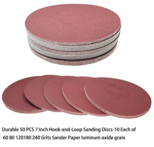 Tonmp 50 PCS 7 Inch Sanding Discs Set - 60 80 120 180 240 Grits Sandpaper, 7" Hook-and-Loop Aluminum Oxide Abrasive Sander Paper for Random Orbit Floor Drywall Sander