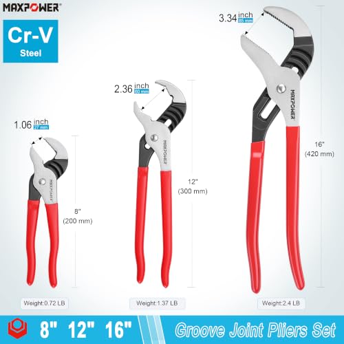 MAXPOWER 8 12 16-inch Groove Joint Pliers, Quick Adjustment Pliers Set - size: 8" 12" 16"
