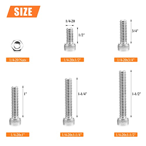 HELIFOUNER 56 Pieces 1/4-20 x 1/2" 3/4" 1" 1-1/4" 1-1/2", Hex Socket Head Cap Screws Bolts Nuts Kit, Coarse Thread, Fully Machine Threaded, 304 Stainless Steel - size: 1/4-20, style: Socket Head