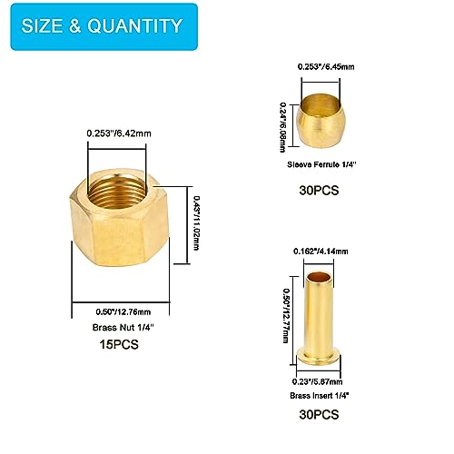 1/4 Inch OD Brass Compression Insert,Sleeve Ferrule,Nut 75PCS - size: 75 pcs, 1/4"