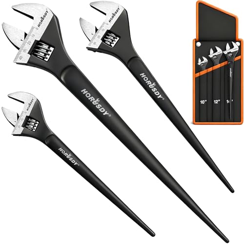 HORUSDY 3-Piece Adjustable Spud Wrench Set, 10", 12", 16", CR-V Steel, SAE & Metric Scale, Black Oxide Finish, Heavy Duty Wrenches for Construction, Mechanical Repair, DIY and Outdoor Projects - style: 3PC Spud Wrench Set(10" 12" 16")