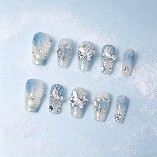3D Press on Nails Almond - Medium French Tip Fake Nails with Embossed Moon&White Bead Designs, Glossy Finish Reusable False Nails for Women Manicure(3D Embossed design 23） - color: 3D Embossed design 23