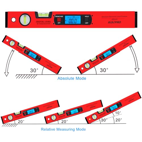 16-inch Digital Spirit Level and Protractor, Torpedo Level, Inclinometer Angle Gauge Finder Bubbles Magnetic Base with Backlight Red - color: Red