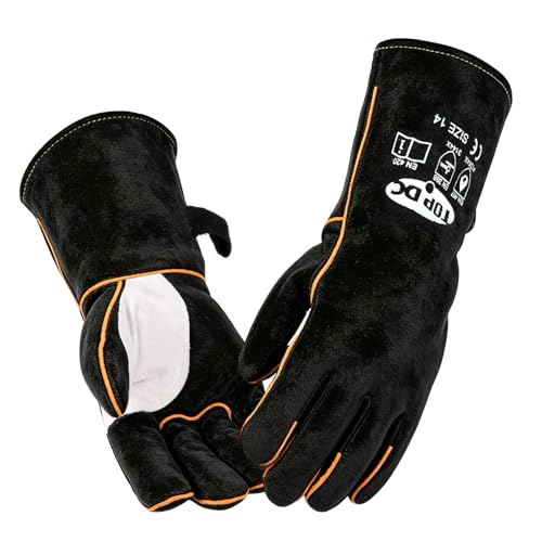 TOPDC 14Inch Welding Gloves 482°F Heat Resistant Leather for Fire Pit Grill - color: 14 Inch Black-gray