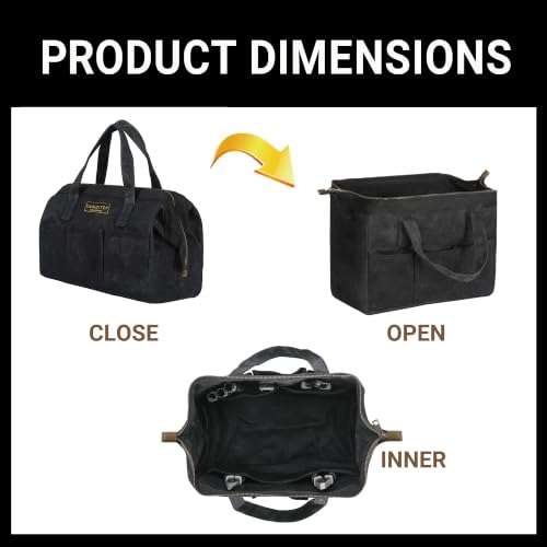 Tool Bag with Zipper, Heavy Duty 16oz Waxed Canvas Wide Mouth Tool Tote Bag, 13-inch Muti-Purpose Storage Tool Pouch with Side Pockets - color: Black, size: 13 Inch