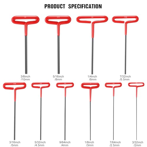 Honoson 10 Pcs T-Handle Allen Hex Key Wrench Set 9 Inch 3/32-3/8,Red - color: Red
