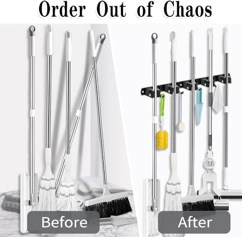Black Broom Holder Wall Mount, 5 Racks 4 Hooks Mop and Broom Organizer - color: 5 Racks & 4 Hooks (Black) - 1 Pack