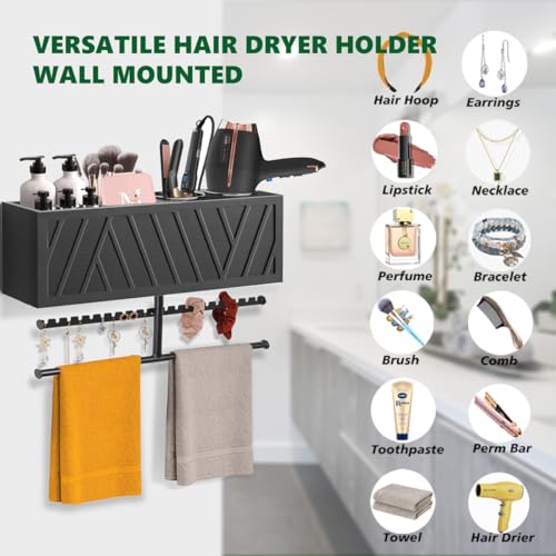 Rustic Hair Dryer Holder Wall Mounted with Towel Rack - color: Black.A