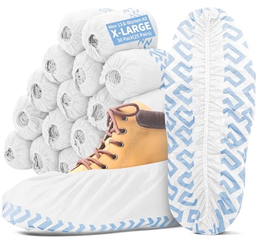 X-Large Shoe Covers Disposable Non-Slip, Non-Woven Fabric Boot Covers, Stretchable Fits Up to Size 13 US Men (White, 50 Pack) - color: White, size: 50 Pack