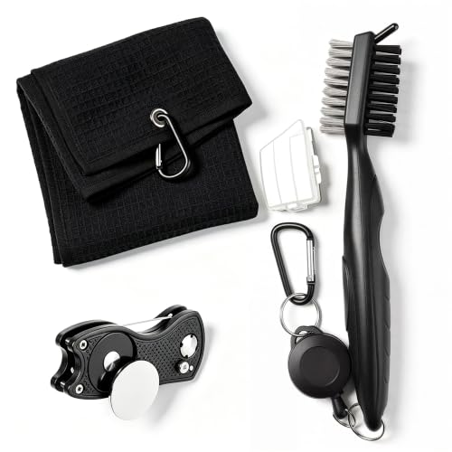 Golf Towel for Men with Club Brush & Divot Tool – 16"x24" Tri-Fold Waffle Microfiber Towel, Retractable Club Groove Cleaner & Divot Repair Tool, Golf Accessory Kit for Male Golfers (Black) - color: Black