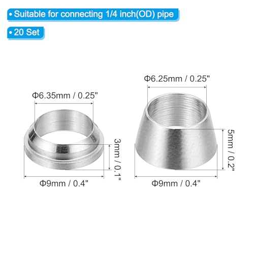 PATIKIL 1/4" Tube OD 304 Stainless Steel Compression Tube Fitting Sleeve, 20 Pack Double Ferrule Ring Tubing Fitting Assortment Kit, Silver - size: 0.25 Inch