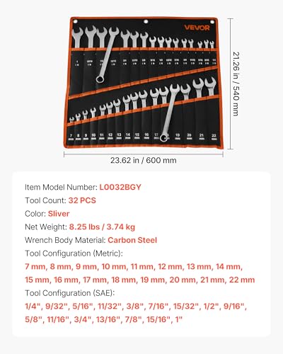 VEVOR Combination Wrench Set, 32-Piece SAE and Metric, 12-Point Box End and 15° Angled Open End Combination Wrenches with Roll Up Pouch, Carbon Steel, for General Household and Automotive Repairs - size: 32PCS (Metric&SAE), style: Regular
