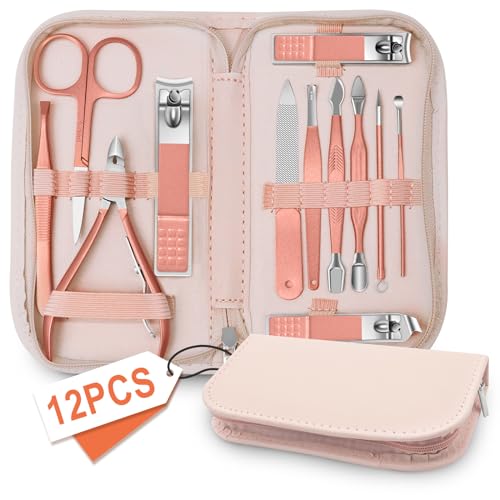 Manicure Set Nail Clipper Set Men Women 12 in 1 Nail Care Kit with Portable Case Travel Manicure Pedicure Tools Grooming Kit Beauty Salon(Rose Gold) - color: rose gold