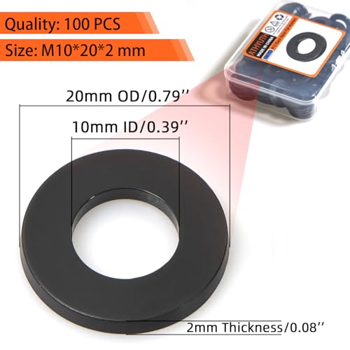 M10 Black Nylon Washers, 10mm ID, 20mm OD, 2mm Thickness, Plastic Round Washer, 100 Pieces Flat Washers Hardware Set - size: M10