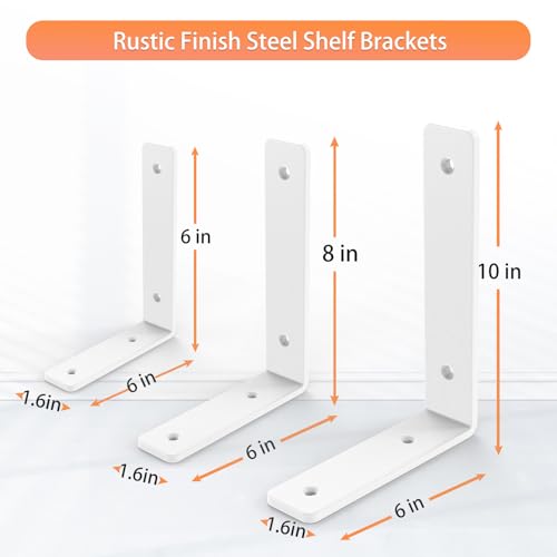 White Heavy Duty Shelf Brackets 6 Inch, Rustic Gold Iron L Shelf Bracket, Industrial Modern Metal Floating Shelf with Hardware for DIY Open Shelving, 4 Pack - color: White, size: 6 Inch