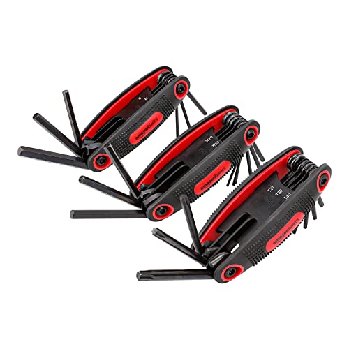 Amazon Basics Folding Hex Key Set, Metric, SAE, and Star Sizes, Chrome Vanadium Steel, 3-Pack