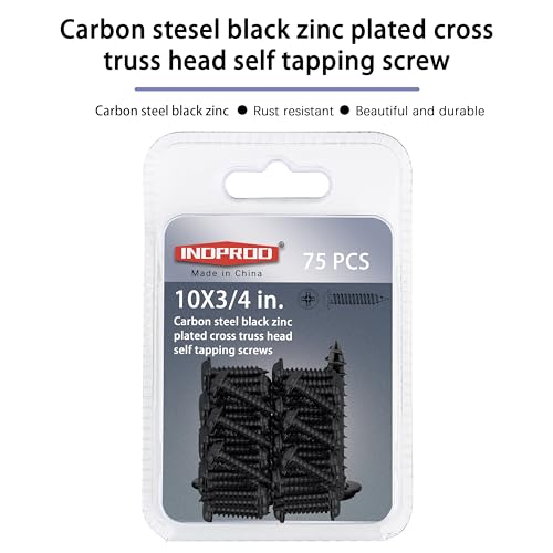 Black Wood Screws 3/4 Inch, 75Pcs Self Tapping Wood Screw #10 x 3/4", Zinc Plated Steel, Modified Truss Head, Phillips Drive, Carbon Steel, for Drywall/Metal/Plastic/Furniture, Black - size: #10 x 3/4"