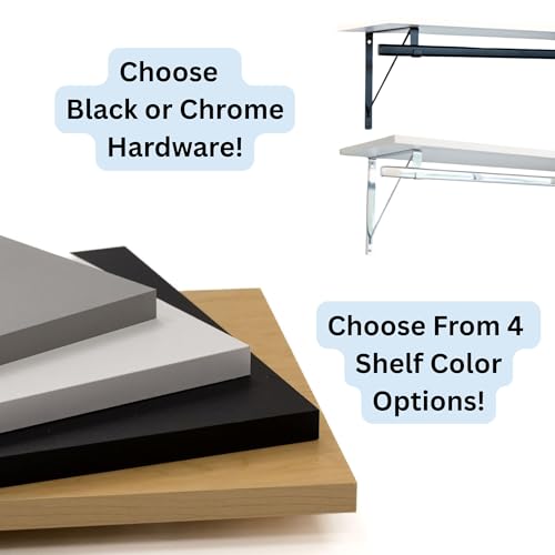 Custom Cut-to-Size Premium Wall-Mounted Shelf with Rod and Bracket Kit. 3/4" Thick Shelves, 14 inches deep. Customize the Length from 16" up to 72". - color: White - Black, size: 16 - 44