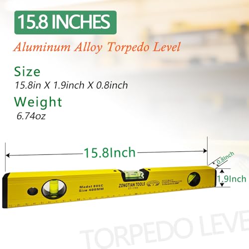 15.8 Inch Torpedo Level Magnetic, Aluminum Alloy Level Tool, Equipped with 45/90/180 Degree Bubble Vials and Scale Ruler, Open Top-View Design - style: 16″-1pcs