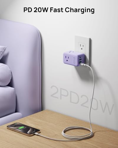 TROND Multi Plug Wall Outlet, 3 AC Outlet Extender with 360 Rotating Plug - color: Purple, size: 3 Prong-1 Pack