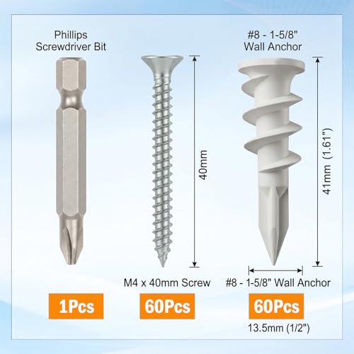 120pcs (60 Sets)-Plasterboard Fixings, Self-Drilling Plasterboard Anchors & #8 Galvanised Screws + Magnetic Screwdriver — 75 lb Hold - color: #8 Screws-F 120pcs