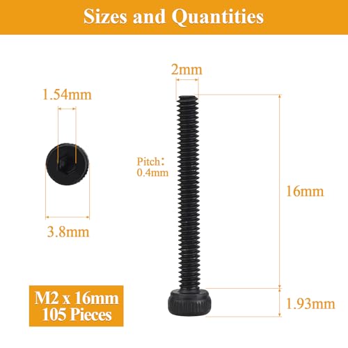 105 Pieces M2 x 16mm Socket Head Cap Screws, Thread Pitch 0.4mm, Sutemribor M2 Black Screws, 12.9 Grade Alloy Steel, Black Oxide Finish, Fully Threaded - size: M2 x 16mm, style: Socket Head