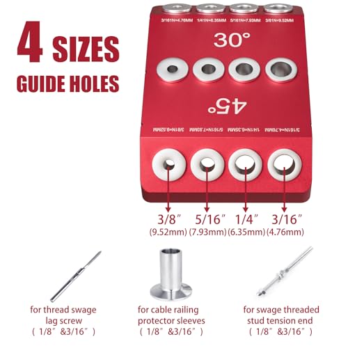 Cable Railing Drill Guide, Portable Angle Drill Guide Jig with 30/45/90 Degree Multi-Angle Drilling Template, 4 Hole Sizes 3/16" 1/4" 5/16" 3/8", Bubble Level for Stair & Deck Installation