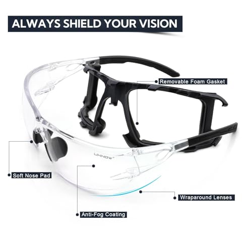 UKNOW Safety Glasses - Anti Fog Wraparound Lenses - Removable Foam Gasket - ANSI Z87.1 Protective Eyewear - Impact Resistant - color: Black